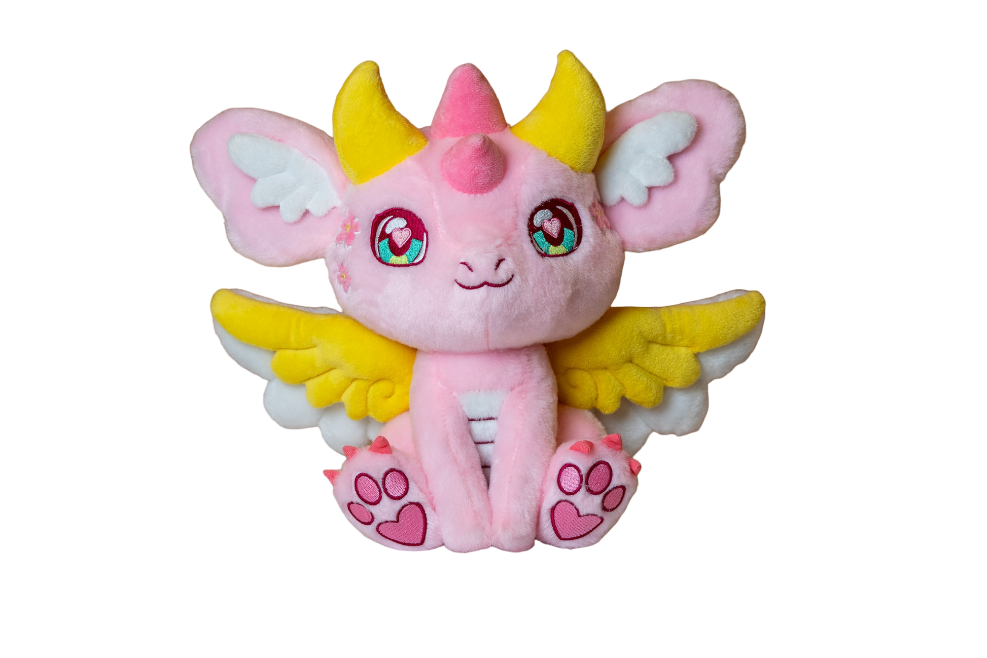 Front cutout view of Ella, a pink, yellow, white dragon plush.