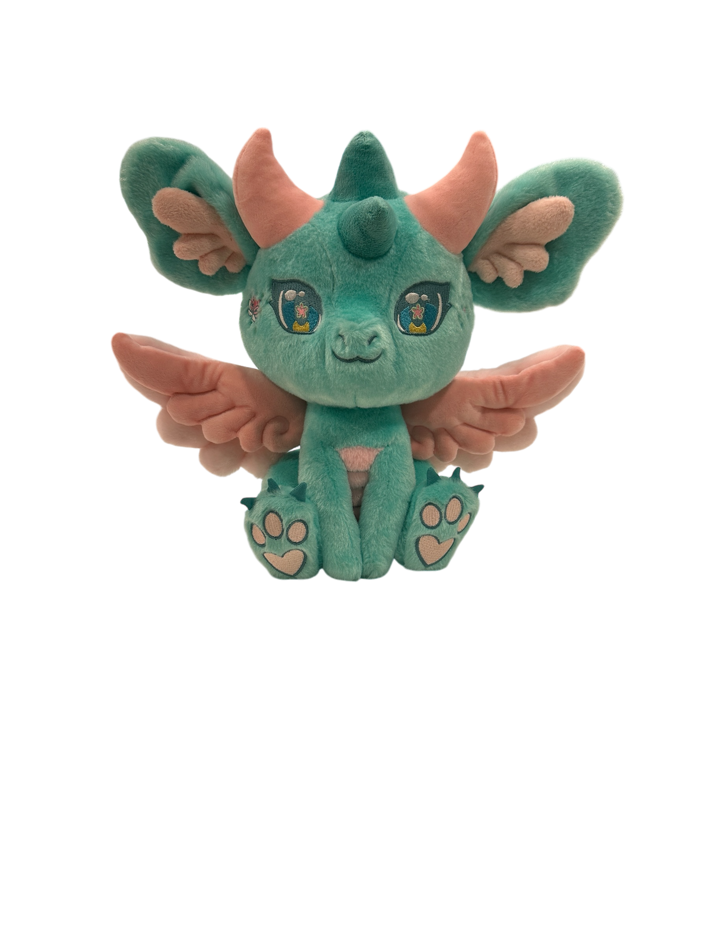 Front cutout view of Ren, a mint, pink, turquoise dragon plush.