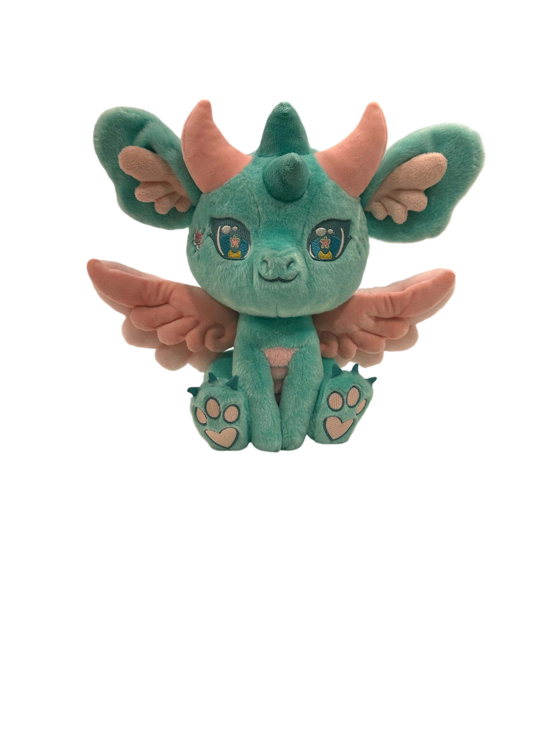Front cutout view of Ren, a mint, pink, turquoise dragon plush.